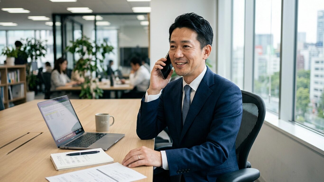 お問い合わせをしているスーツの男性