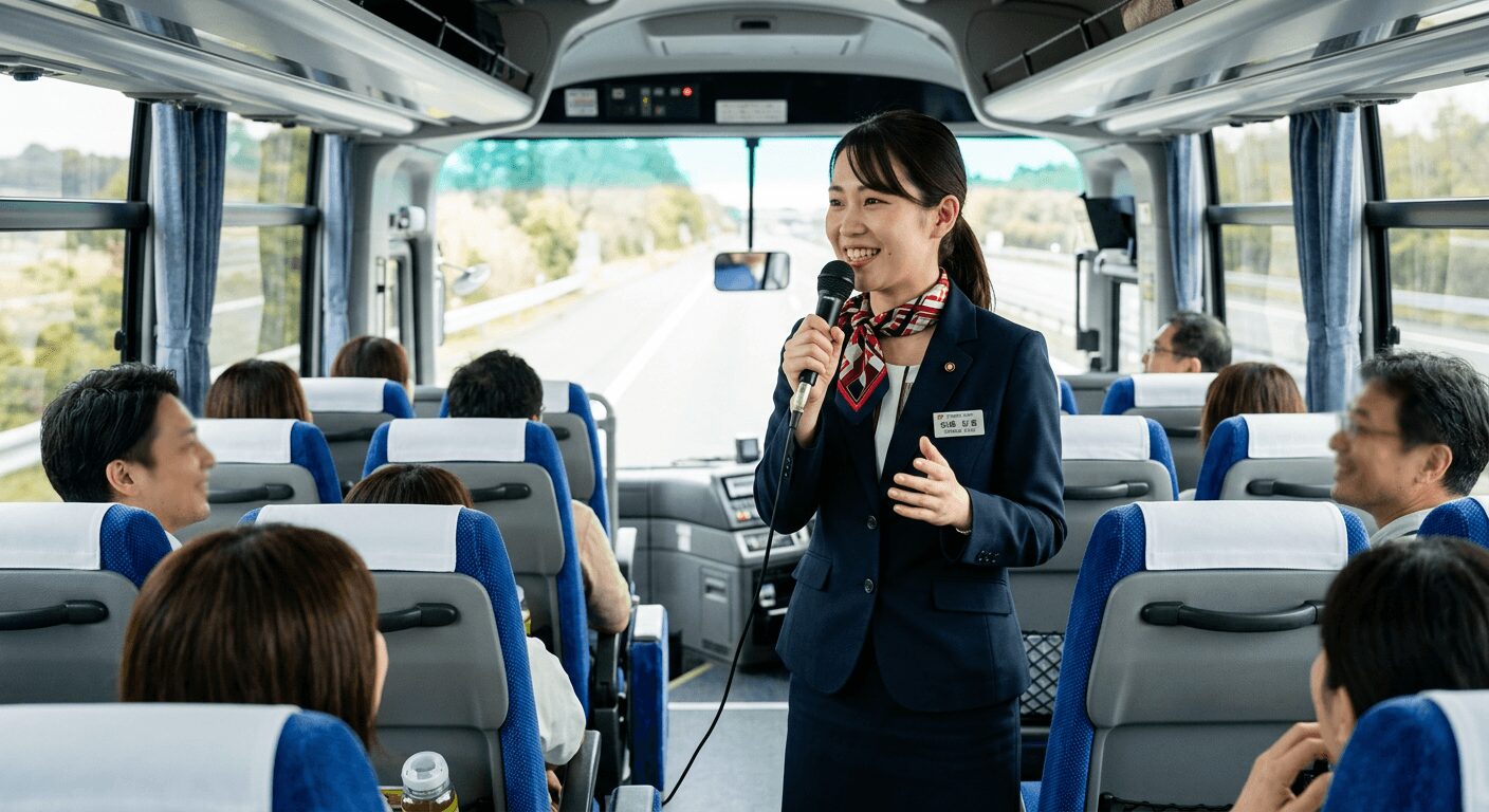バスガイドがバス内で話している